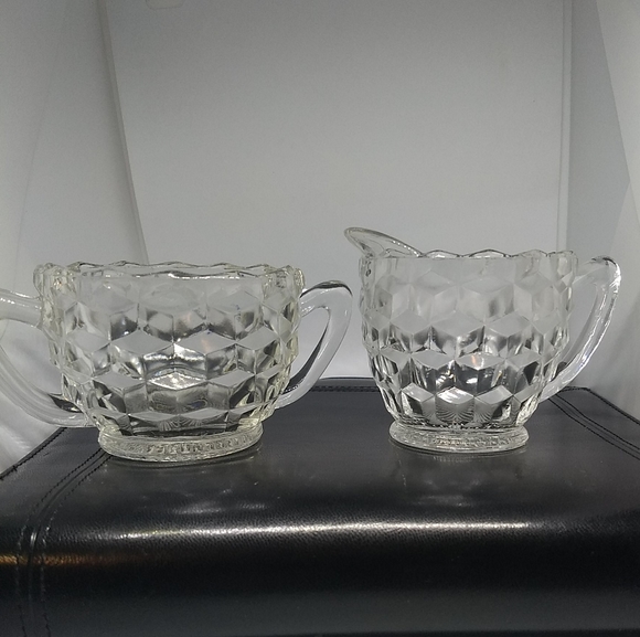 Vintage Fostoria American Glass Creamer & Sugar Bowl CUBE PRISM 2-Piece Set - Picture 2 of 7
